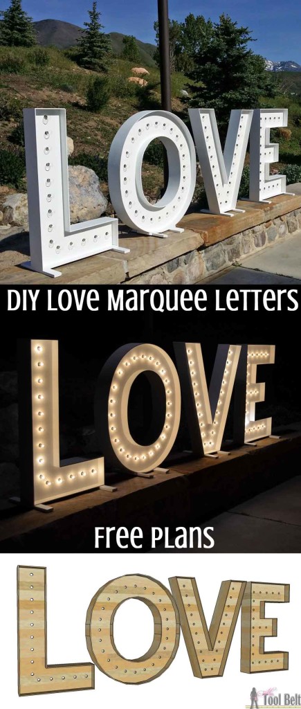 These are so cute for a wedding and make big statement! DIY LOVE marquee letters that are 40" tall and made from wood. Free plans + building tutorial.