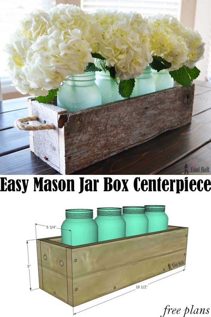 Simple box centerpiece plans with lots of variations on length and height. Check out how to transform regular mason jars into pretty sea glass jars