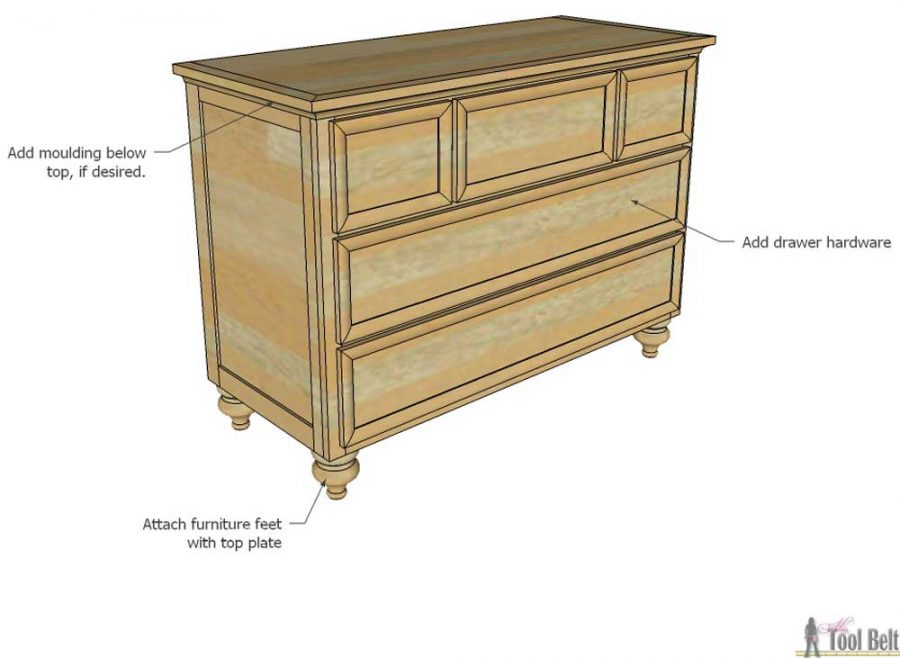 Free plans to build a DIY 5 drawer dresser/changing table with bead board detail.