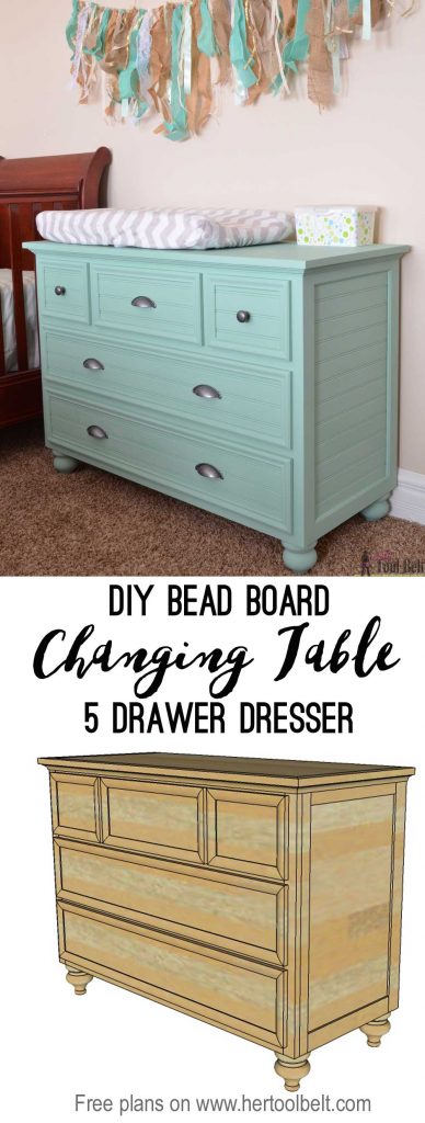 Free plans to build a DIY 5 drawer dresser/changing table with bead board detail.