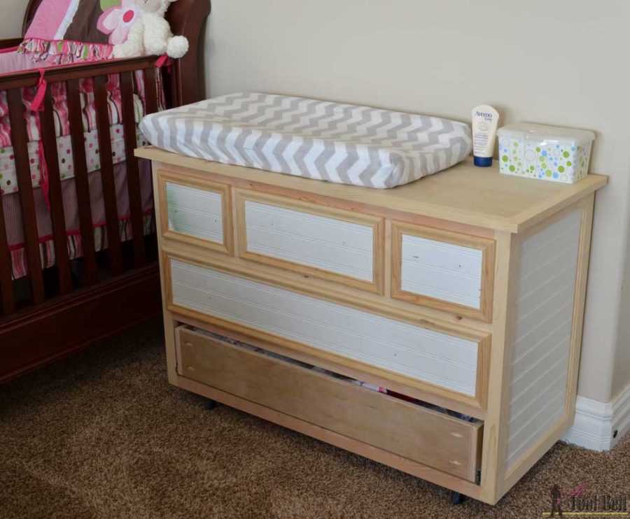 Unfinished - Free plans to build a DIY 5 drawer dresser/changing table with bead board detail.