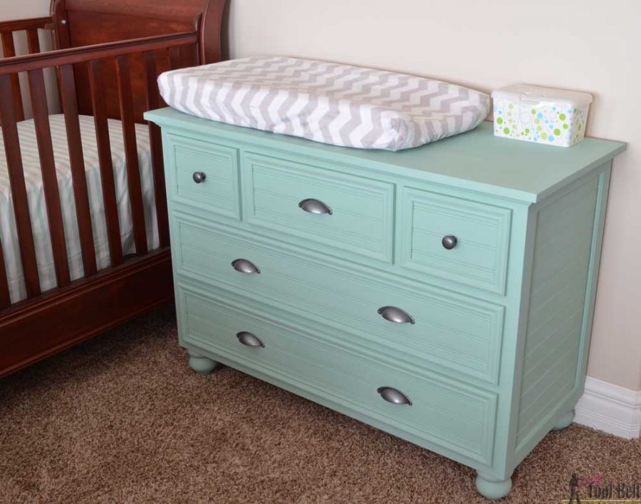 Free plans to build a DIY 5 drawer dresser/changing table with bead board detail.