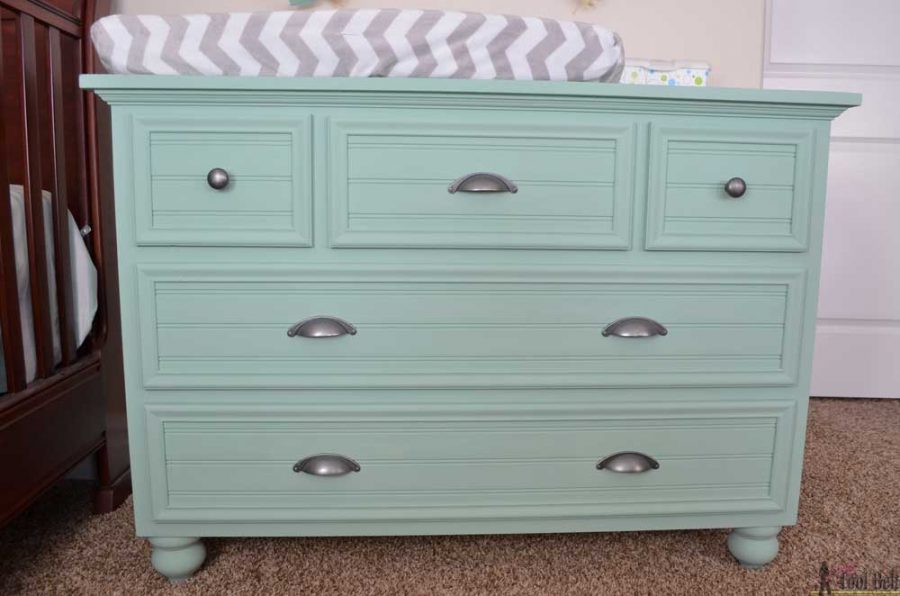 Free plans to build a DIY 5 drawer dresser/changing table with bead board detail.