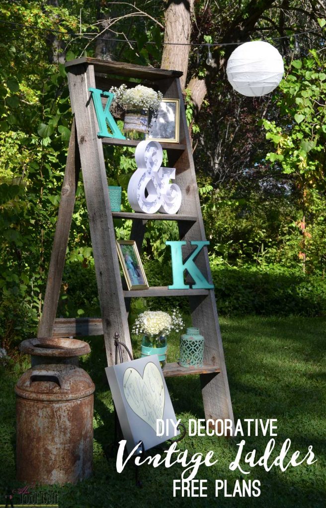 Free plans to build a DIY decorative vintage wood ladder. This vintage inspired ladder makes a unique display for weddings and home decor.