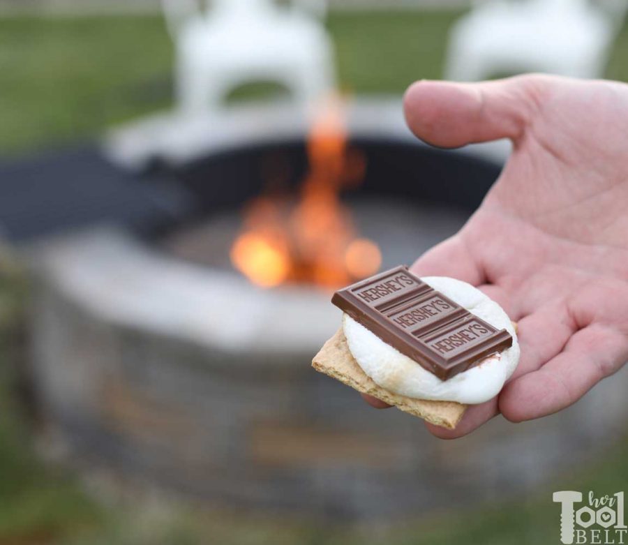 Yummy open face S'more. How to build a DIY backyard firepit with wall blocks from Home Depot.