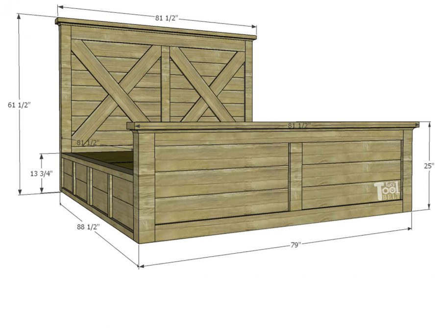 Build a barn door farmhouse bed with X headboard. Free king size bed building plans on hertoolbelt.com.