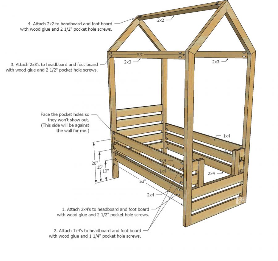 Free plans to build a house frame toddler bed with under the bed storage bins.