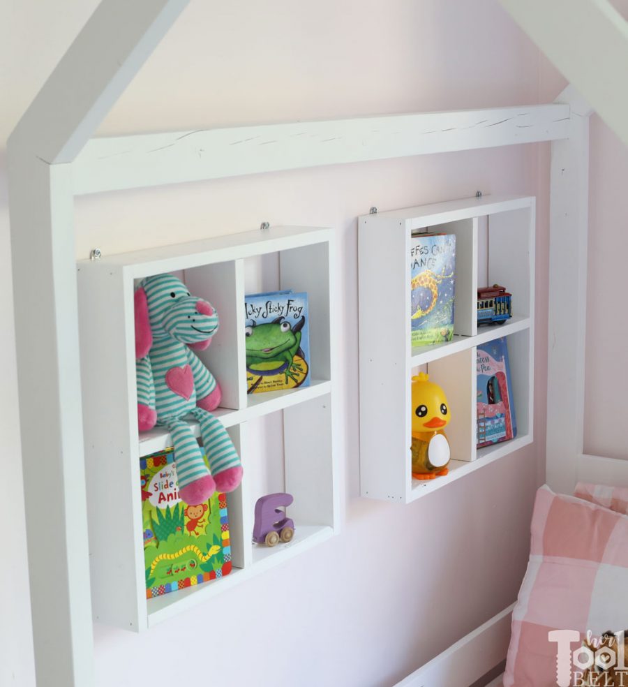 The perfect accessory for a 'house frame' bed, is accompanying window shadow box shelves. Build for as little as $2 each in lumber.