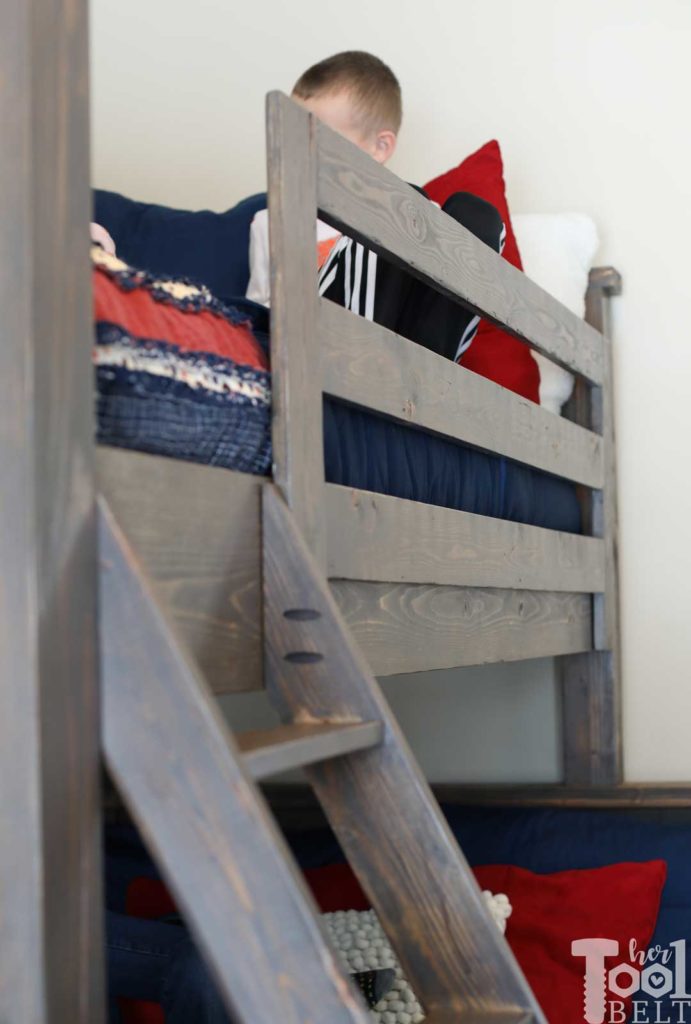Save space in your kid's bedroom. Free plans to build a farmhouse style twin over full bunk bed. bunk guard rail