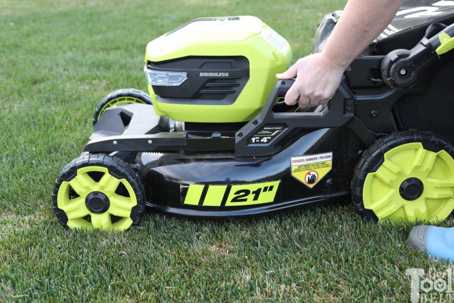 Adjust the mower height with a simple lever. Is a battery powered lawn mower as tough as gas powered? Check out this Ryobi 40 volt lawn mower review.