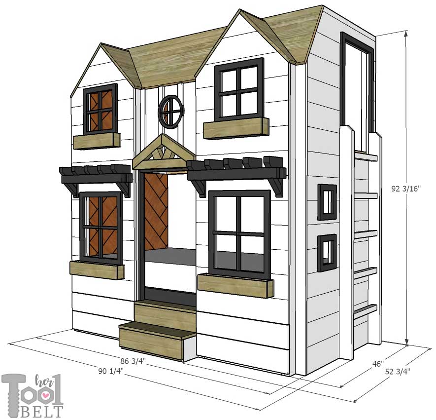 Build a super fun twin bunk bed that looks like a tiny house. Free plans on hertoolbelt.com