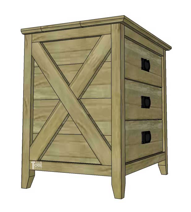 Perfect little Farmhouse Nightstands with 3 drawers and cute X detail. Free plans on hertoolbelt.com